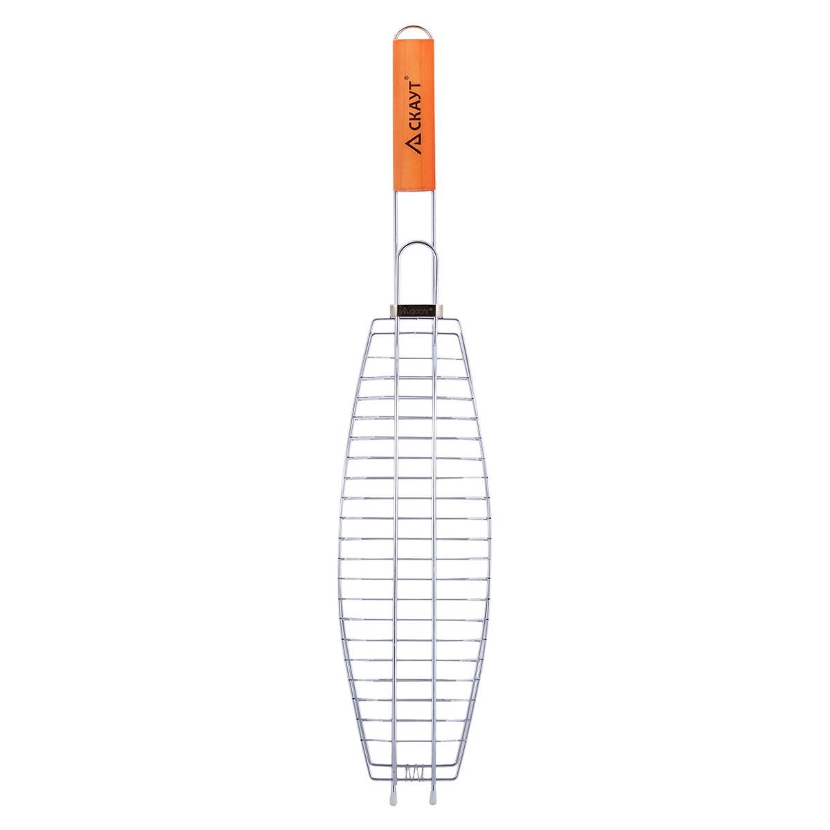 Решетка для рыбы с деревянной ручкой Скаут КМ-0708 из хромированной стали 36х12 см (150-84-0708)