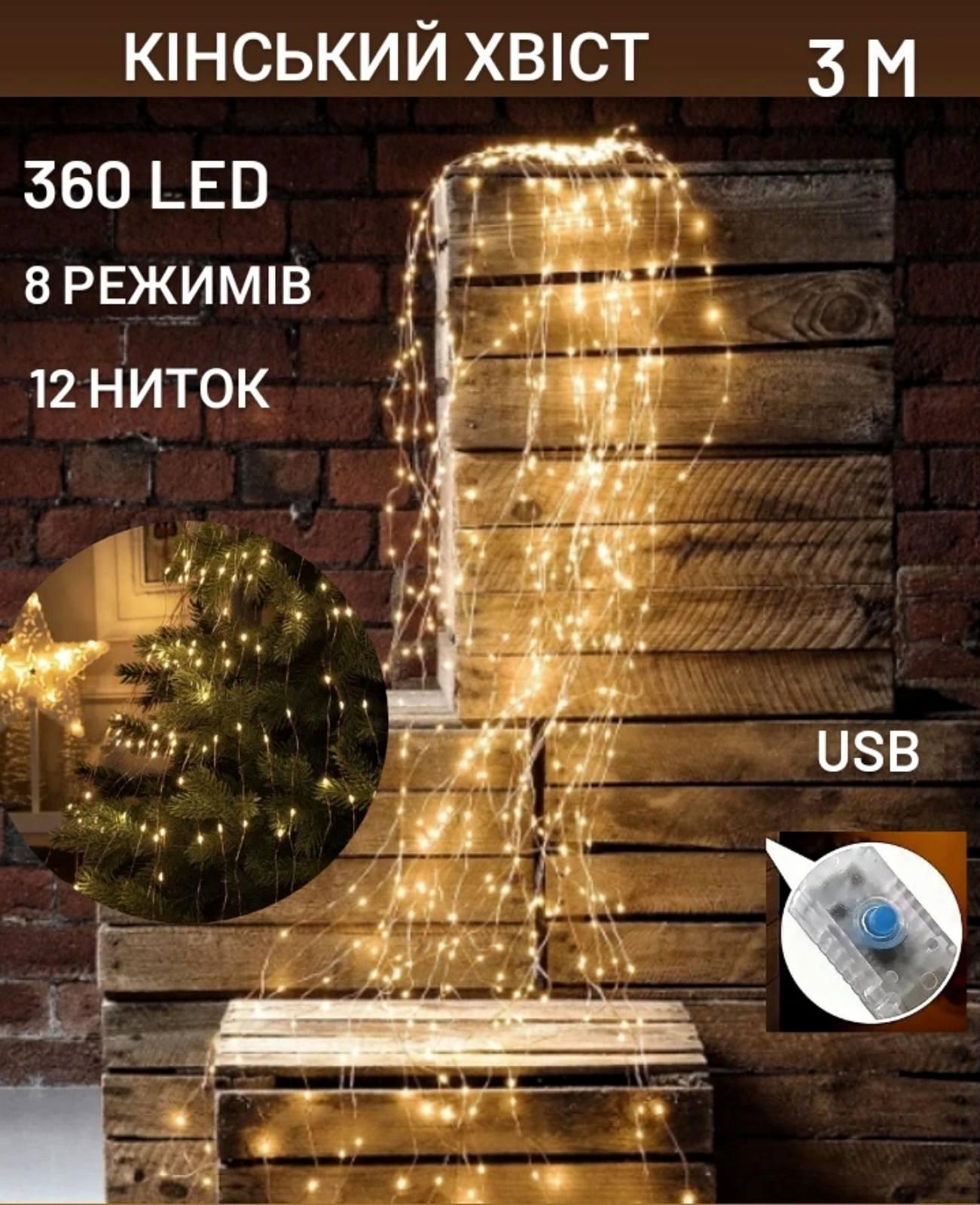 Гірлянда Крапля роси 360 Led 12 ниток USB 8 режимів 3 м Жовтий (13568179) - фото 2