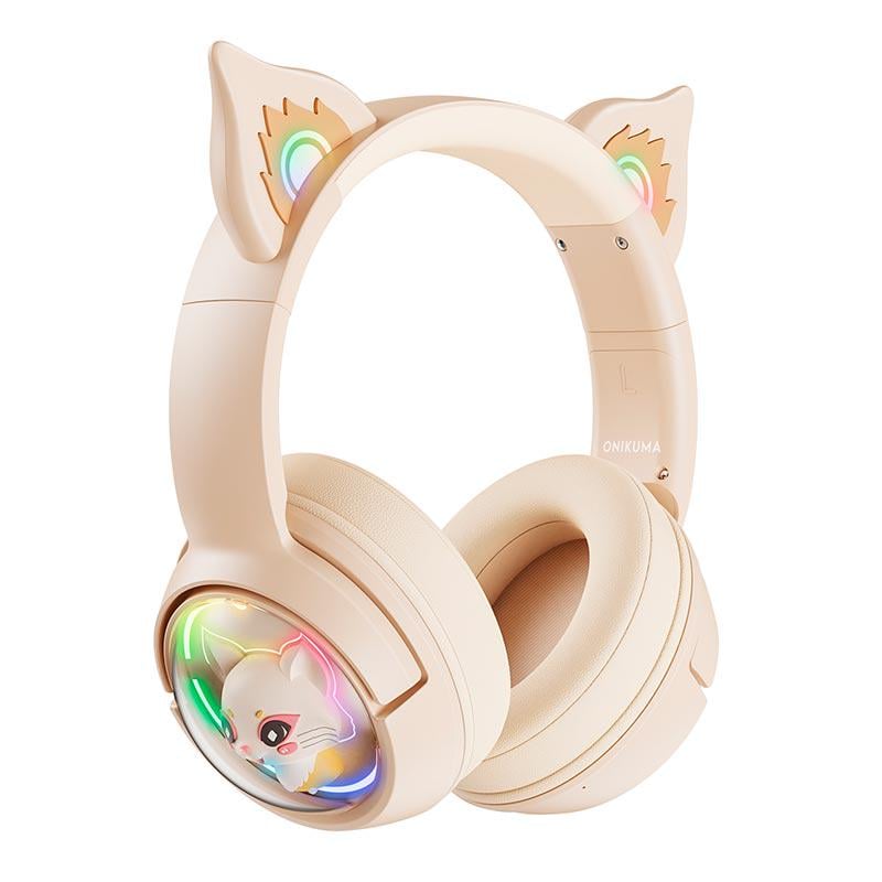 Наушники беспроводные Onikuma Cat Ear B5 Bluetooth Wireless Gaming Headset RGB-подсветка Бежевый (27316540) - фото 4