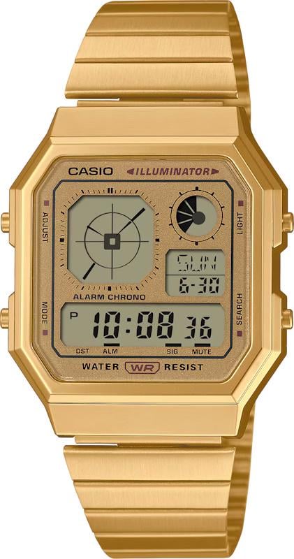 Мужские часы Casio A130WEG-9A, мировое время, золотистый циферблат