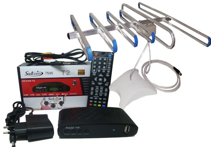 Тюнер ом SatCom T505 T2 Internet с фунциями медиаплеера и IPTV/WebTV + SUPER/антенна комнатная с TV-кабелем