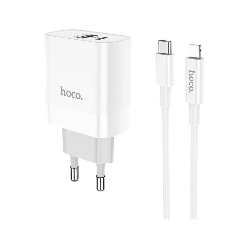 Сетевое зарядное устройство Hoco C80A Rapido 3.1A-18W PD/QC3.0 с кабелем Type-C to Lightning White (1287073155)