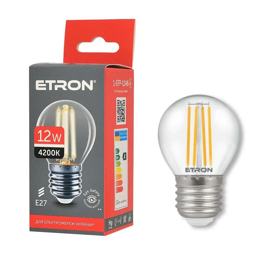 LED-лампа філаментна ETRON 1-EFP-1146 прозоре скло G45 12W 4200K E27 Нейтральний білий (27844597)