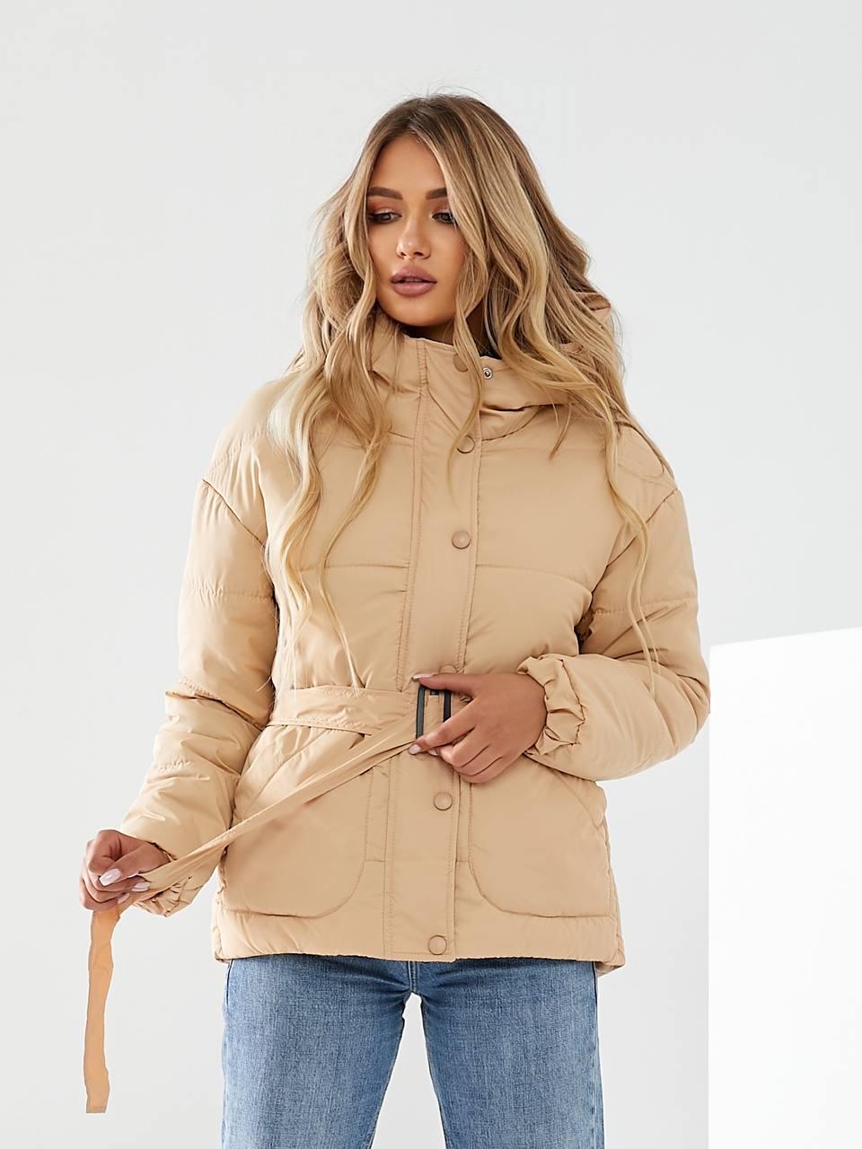 Куртка утеплена Khan коротка з поясом р. 42 Персиковий беж (Kh332) - фото 2 Куртка утеплена Khan коротка з поясом р. 42 Персиковий беж (Kh332) - фото 2