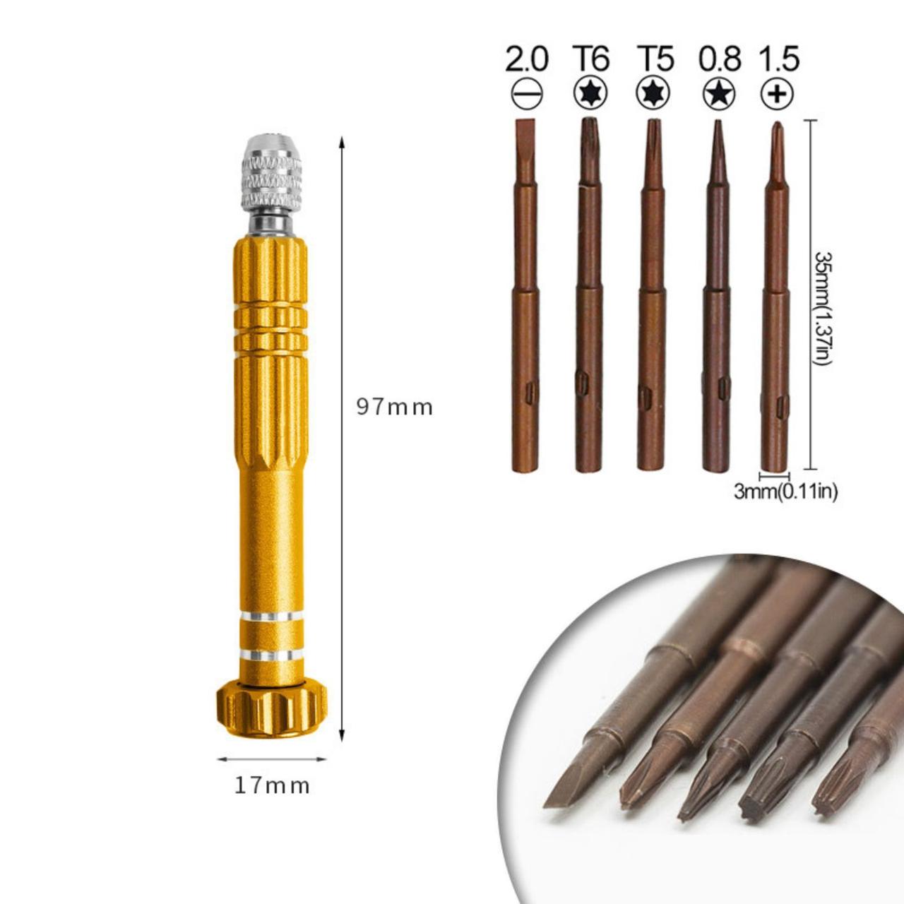 Отвертка прецизионная цанговая 5 намагниченных сменных жал Gold (137756) - фото 4