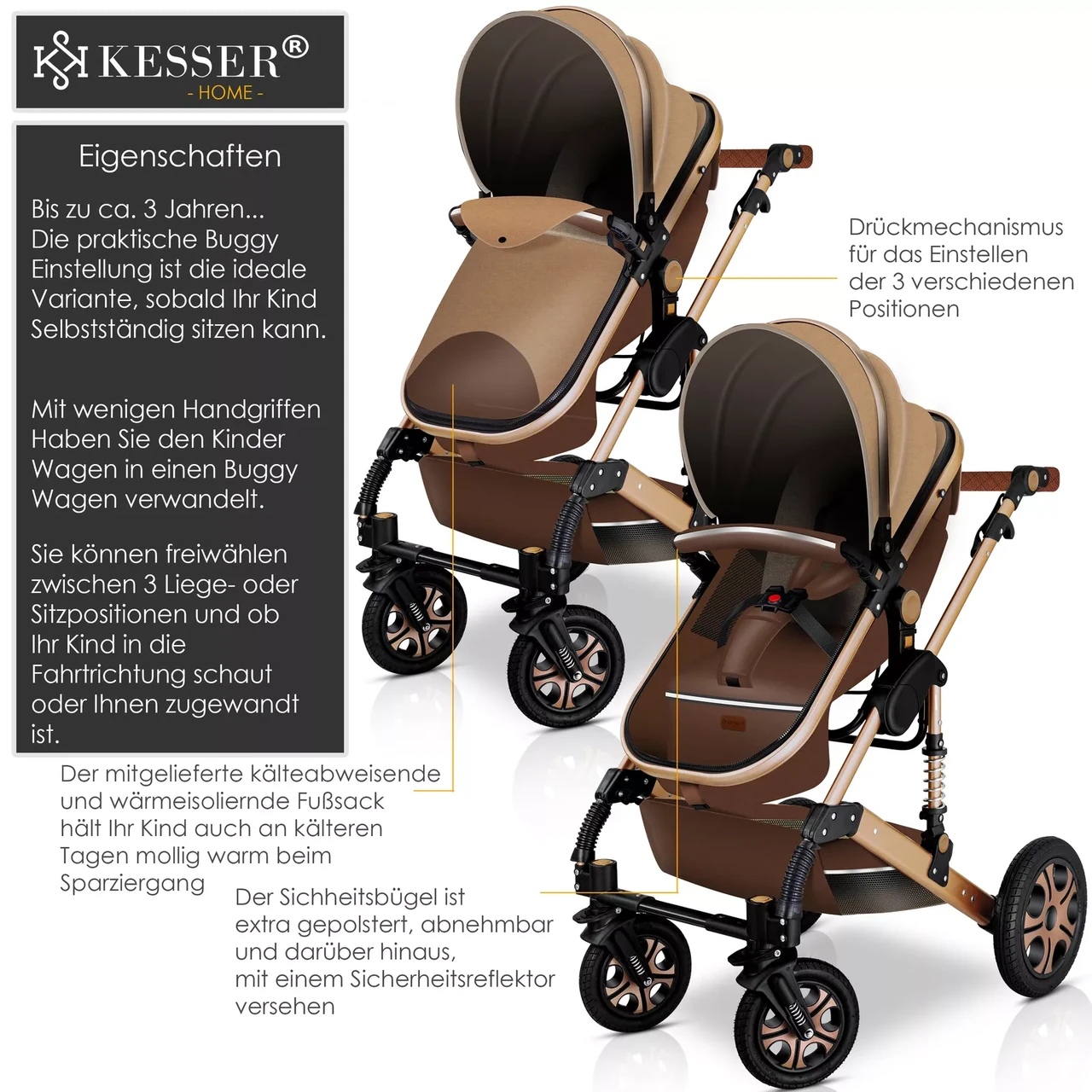 Коляска дитяча з автокріслом KESSER 3в1 94x64x119 см Коричневий/Золотистий - фото 4