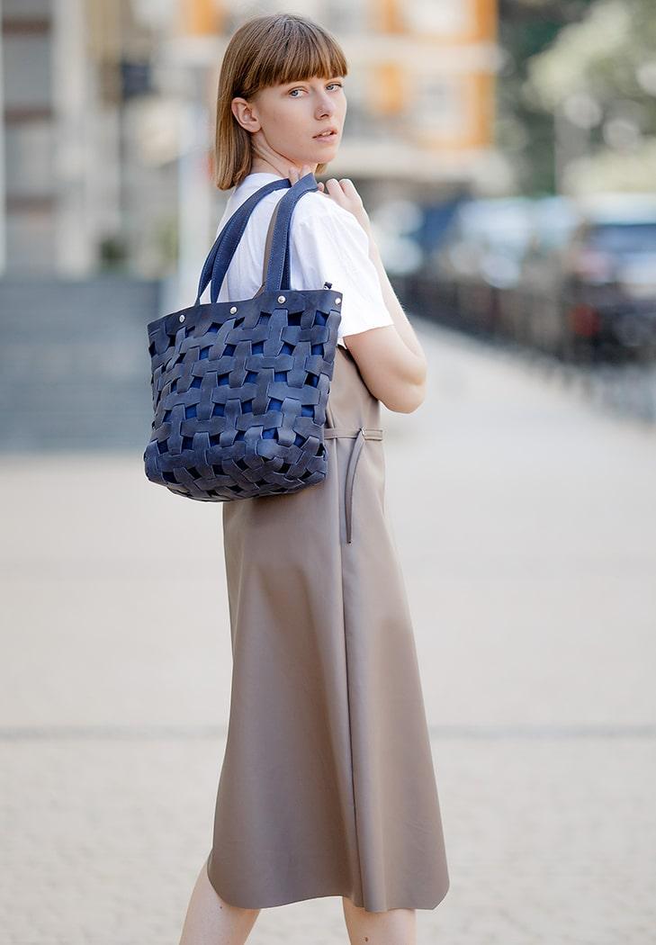 Женская сумка кожаная плетеная Пазл L Crazy Horse Синий (A-026671)