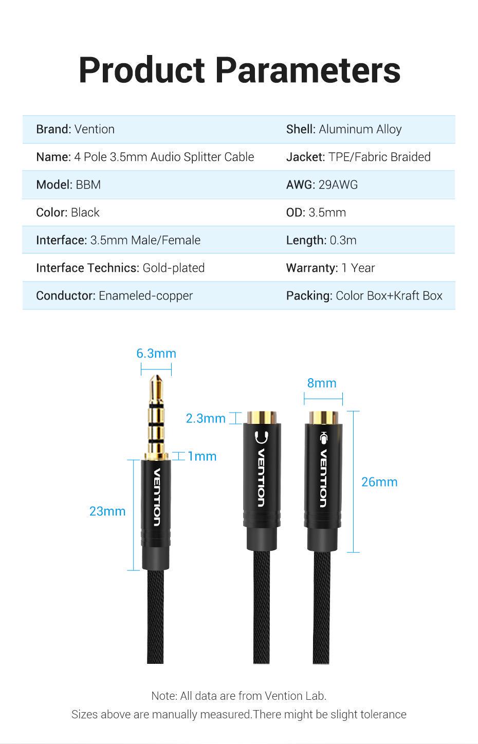 Перехідник Vention 3.5 мм minijack-2х3.5 мм/minijack AUX 4-піновий нейлонове обплетення TRRS 0,3 м Чорний (BBMBY) - фото 9 Перехідник Vention 3.5 мм minijack-2х3.5 мм/minijack AUX 4-піновий нейлонове обплетення TRRS 0,3 м Чорний (BBMBY) - фото 9