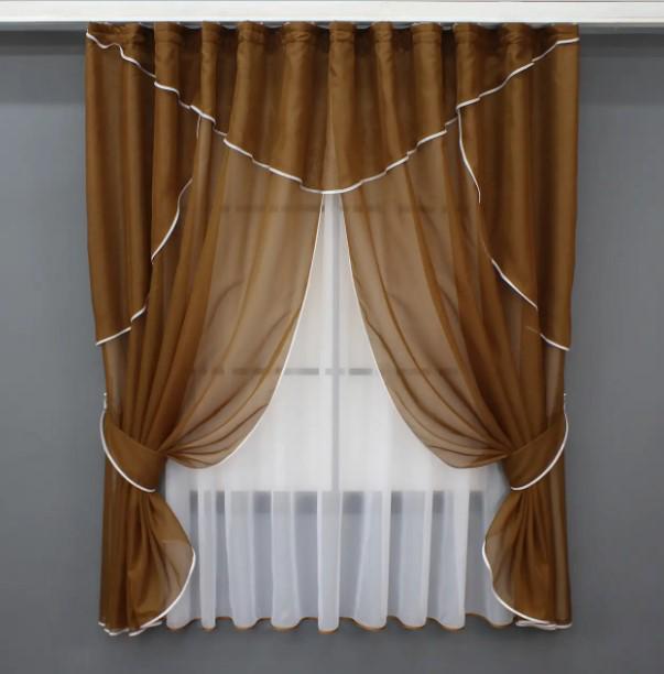 Комплект штор на кухню тюль/ламбрекен 280х170 см Коричневый/Белый (064к 52-1032) Комплект штор на кухню тюль/ламбрекен 280х170 см Коричневый/Белый (064к 52-1032)