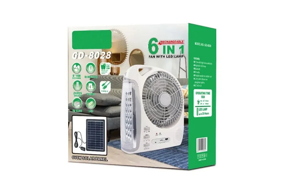 Вентилятор портативный GD-8028/N283 6в1 8" LED-лампа/радио/солнечная панель/2 скорости/Bluetooth/USB/аккумулятор 10 Вт 5500 мАч (6-18-M17162) - фото 2