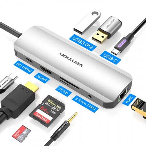 Док-станция Vention TOMHB USB3.1 Type-C-HDMI/USB 3.0x2/RJ45/USB-C/SD/TF/TRRS 3.5/PD 100W - фото 2