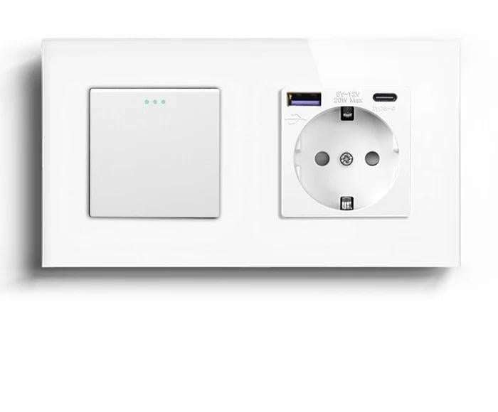 Выключатель проходной LUXION универсальный с розеткой USB A+C 20Вт с заземлением стекло Белый