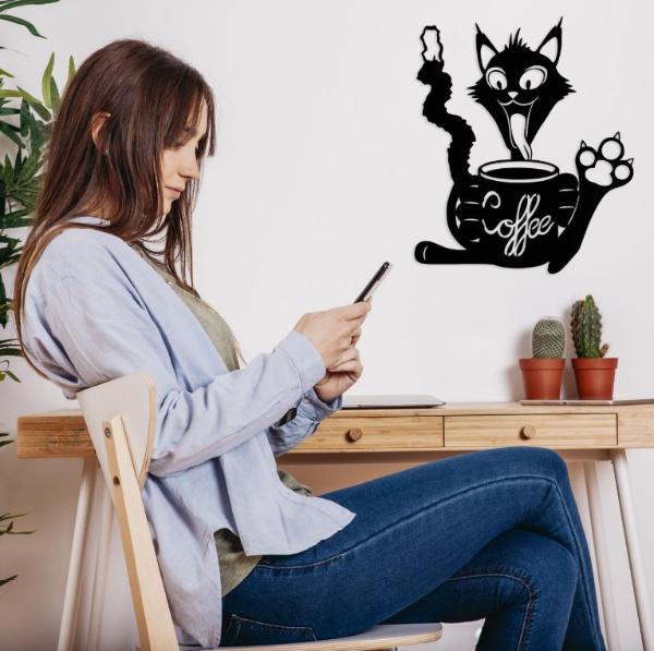 Картина-панно деревянная на стену в стиле лофт Decart Кот любящий кофе 90х81 см