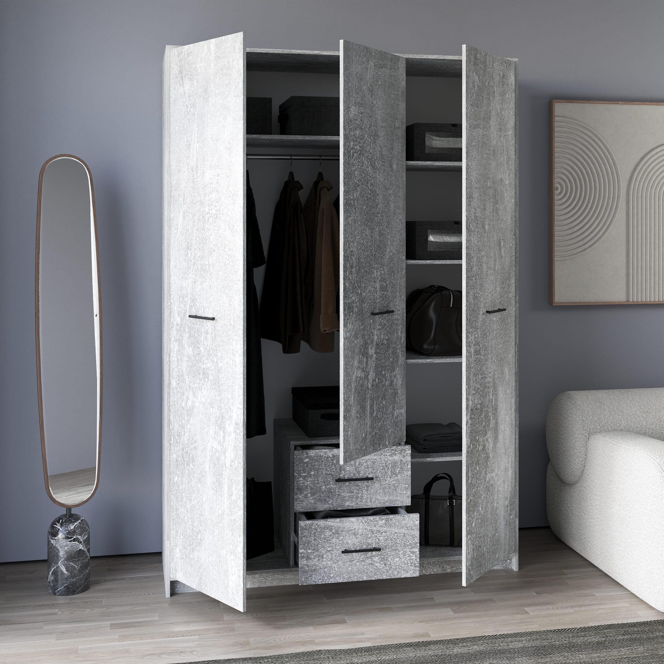 Шкаф трехдверный с двумя ящиками полками и штангой Бетон (380559)