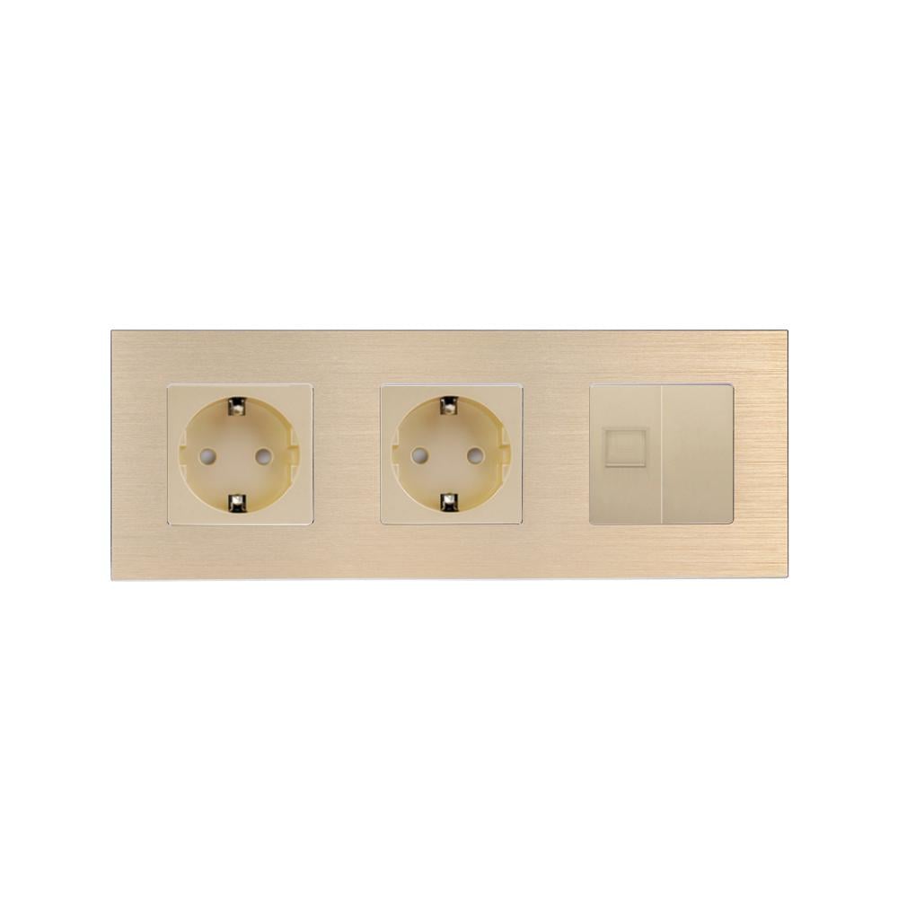 Розетка трехместная WALLPAD силовая/интернет RJ-45 настенная алюминиевая рамка Золотой (WP-M3FCAT6BLK-GD)