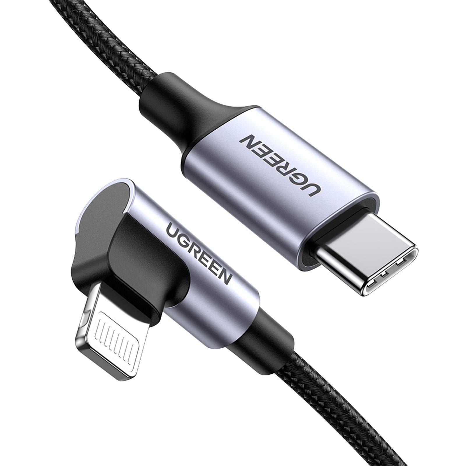 Кабель UGREEN г-подібний Type-C на Lightning 20W MFI US305 Angled Cable Aluminum Shell Braided 1 м Black (60763)