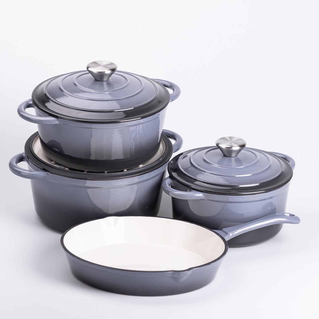 Набор чугунной посуды HP-1-5 для приготовления 3 кастрюли и сковорода с эмалированным покрытием Серый (7248) - фото 3 Набор чугунной посуды HP-1-5 для приготовления 3 кастрюли и сковорода с эмалированным покрытием Серый (7248) - фото 3