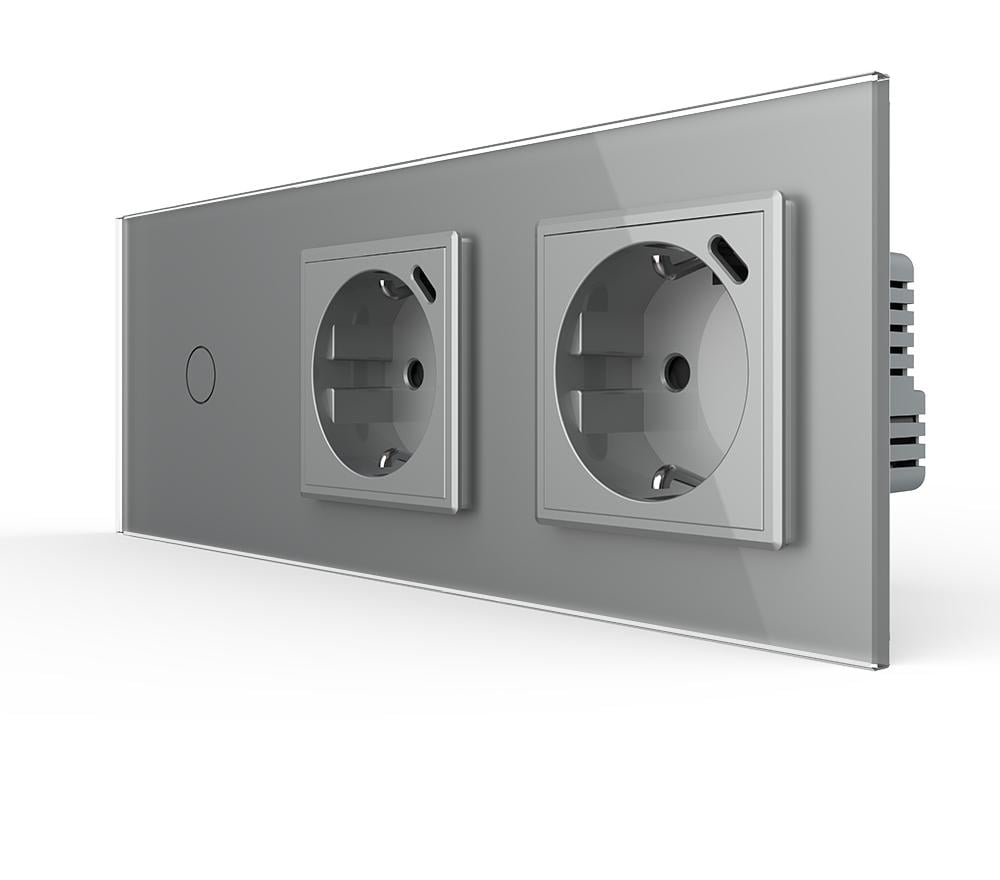 Выключатель умный Livolo сенсорный с двумя розетками USB Type-C 18 Вт с заземлением/шторками стекло Серый Выключатель умный Livolo сенсорный с двумя розетками USB Type-C 18 Вт с заземлением/шторками стекло Серый