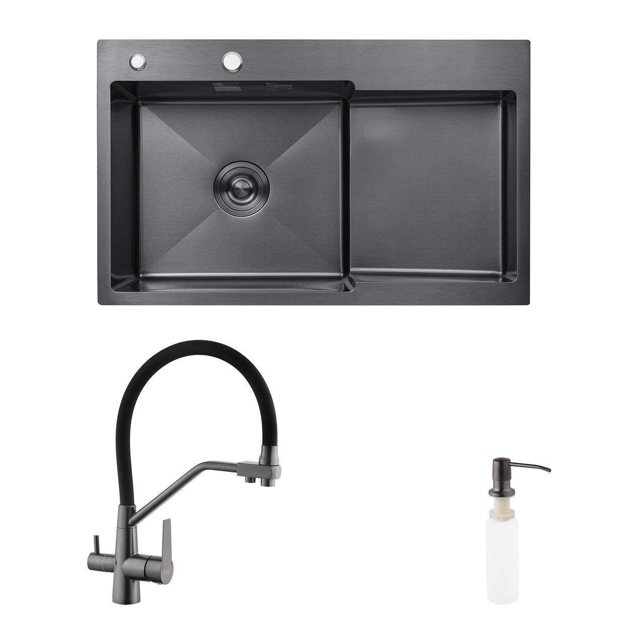 Комплект кухонна мийка Kroner Schwarze-7848LHM PVD/змішувач Edelstahl Klassisch-PVD03817BLK/дозатор (2669564680)