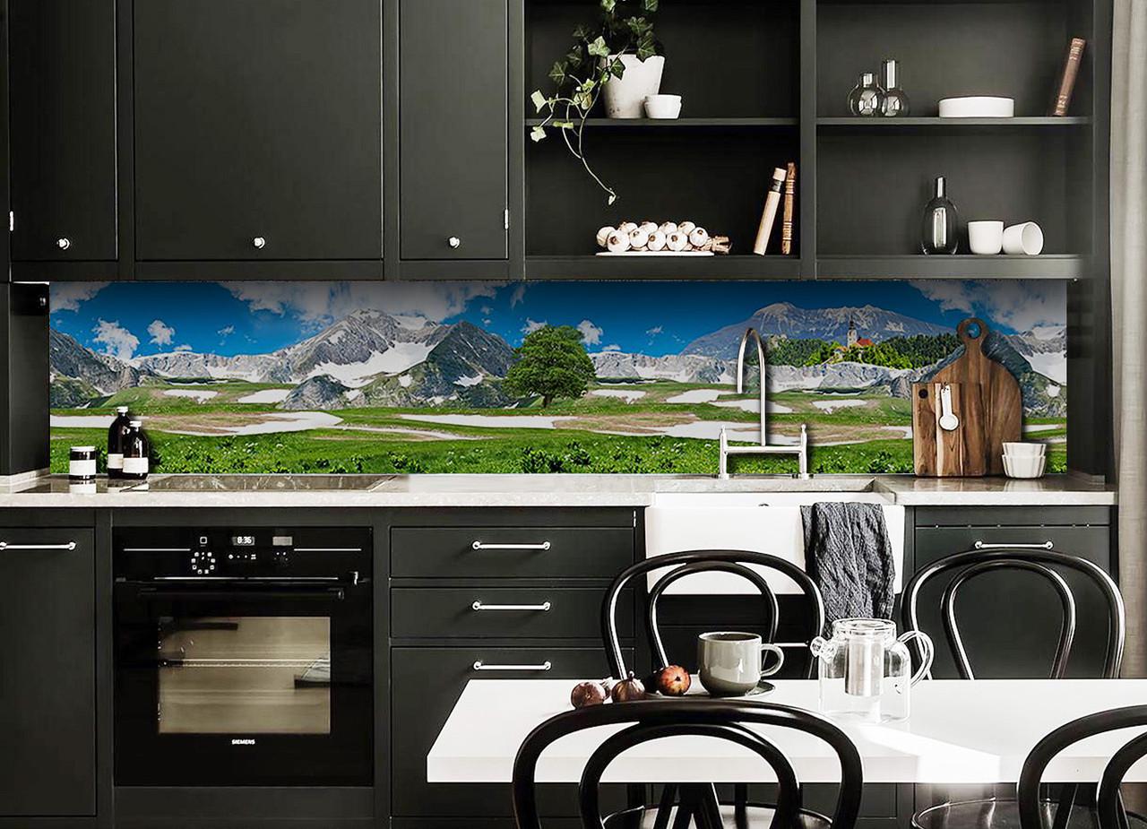 Кухонный фартук Горы долина из самоклеющейся виниловой пленки 60х300 см Зеленый