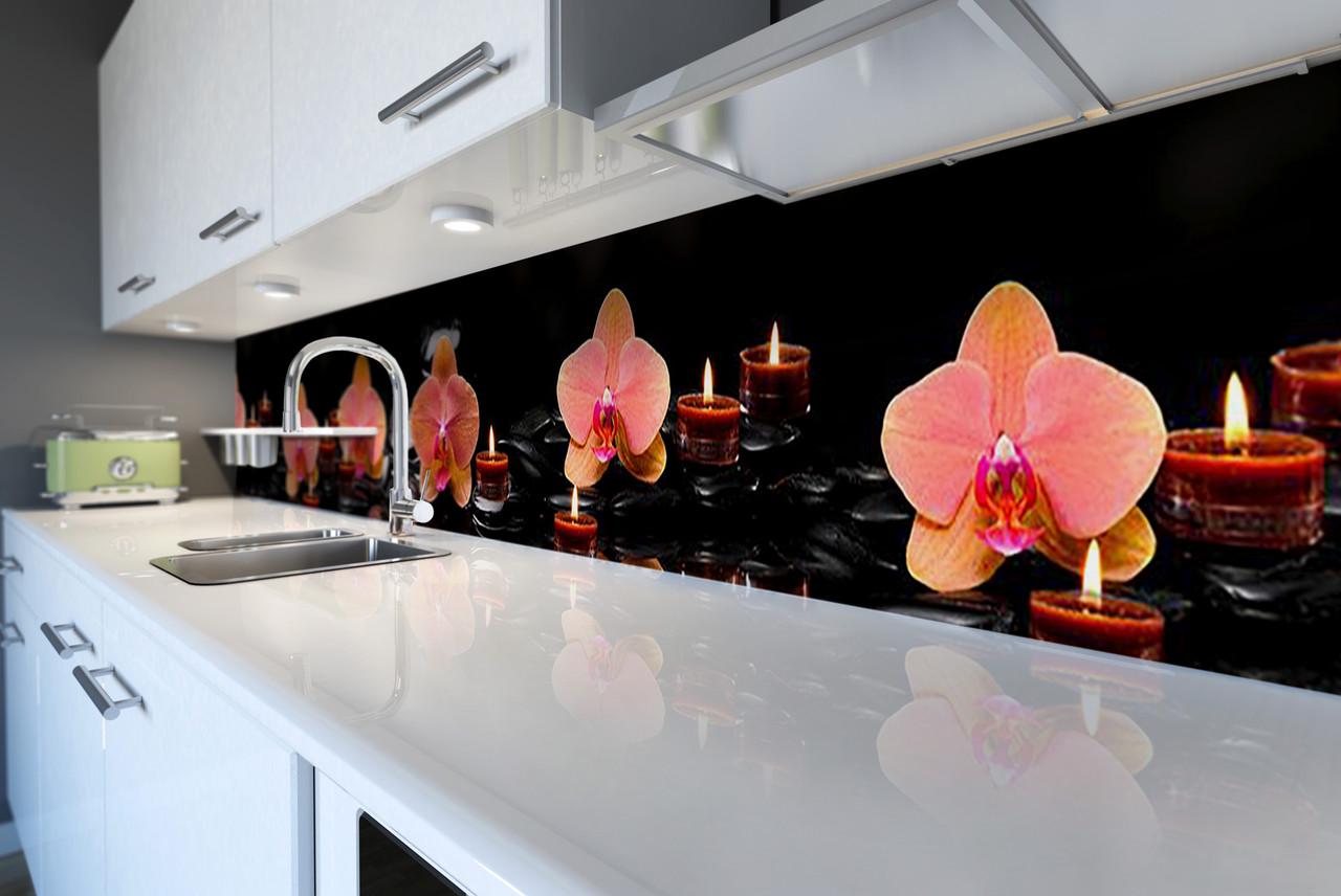 Кухонный фартук Орхидеи и свечи из самоклеющейся виниловой пленки 65х250 см Черный