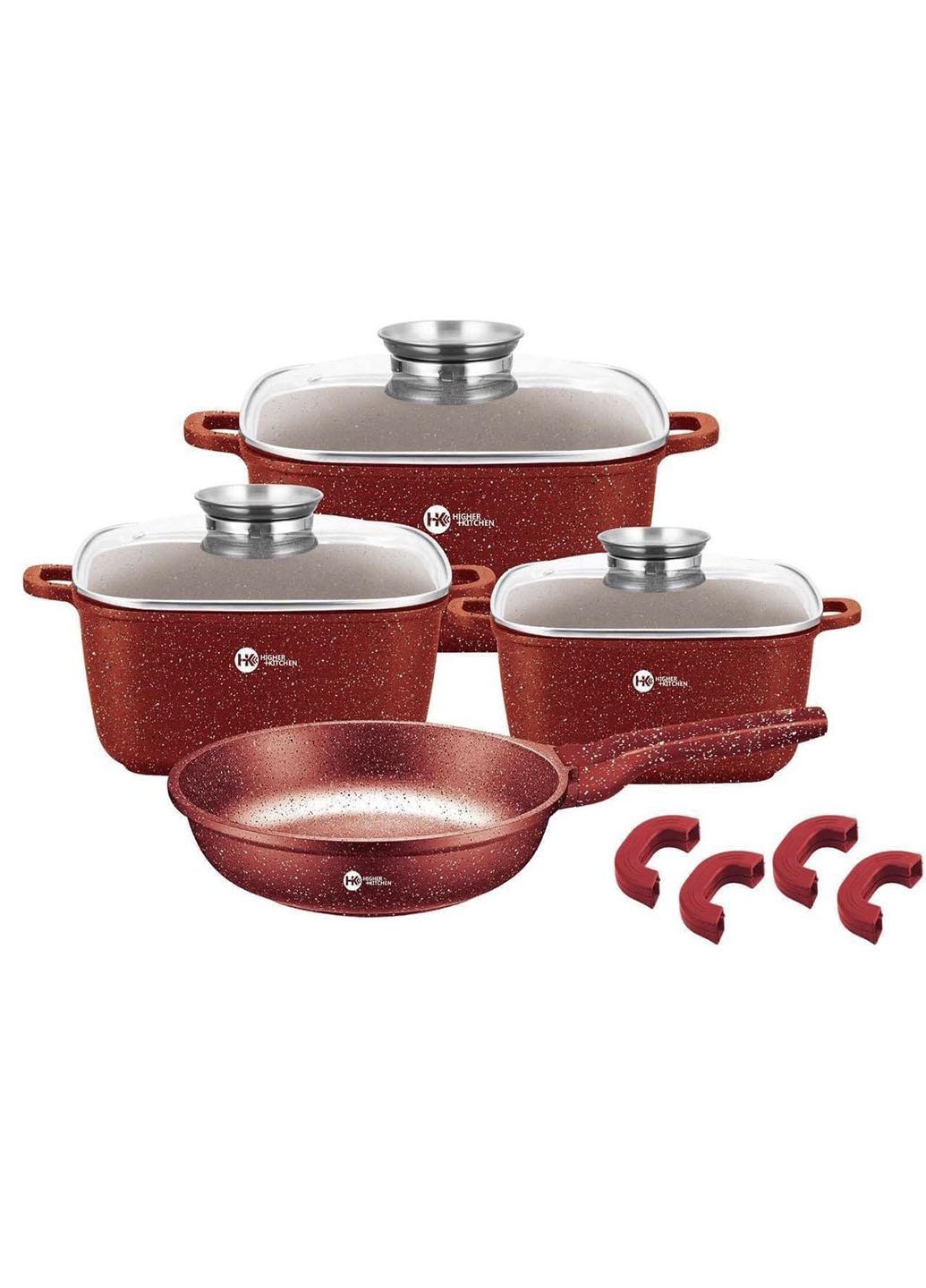 Набір каструль та сковорода Higher Kitchen HK-312 11 пр. із гранітним антипригарним покриттям Червоний (A3624) - фото 1