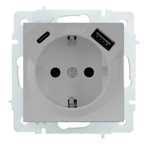 Розетка одинарна Lezard Vesna з заземленням/USB/Type C Сірий (26629650)
