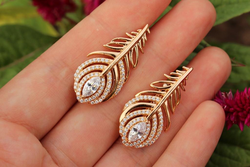 Серьги Xuping Jewelry Перья с камнем 3,5 см Золотистый (1189108531)