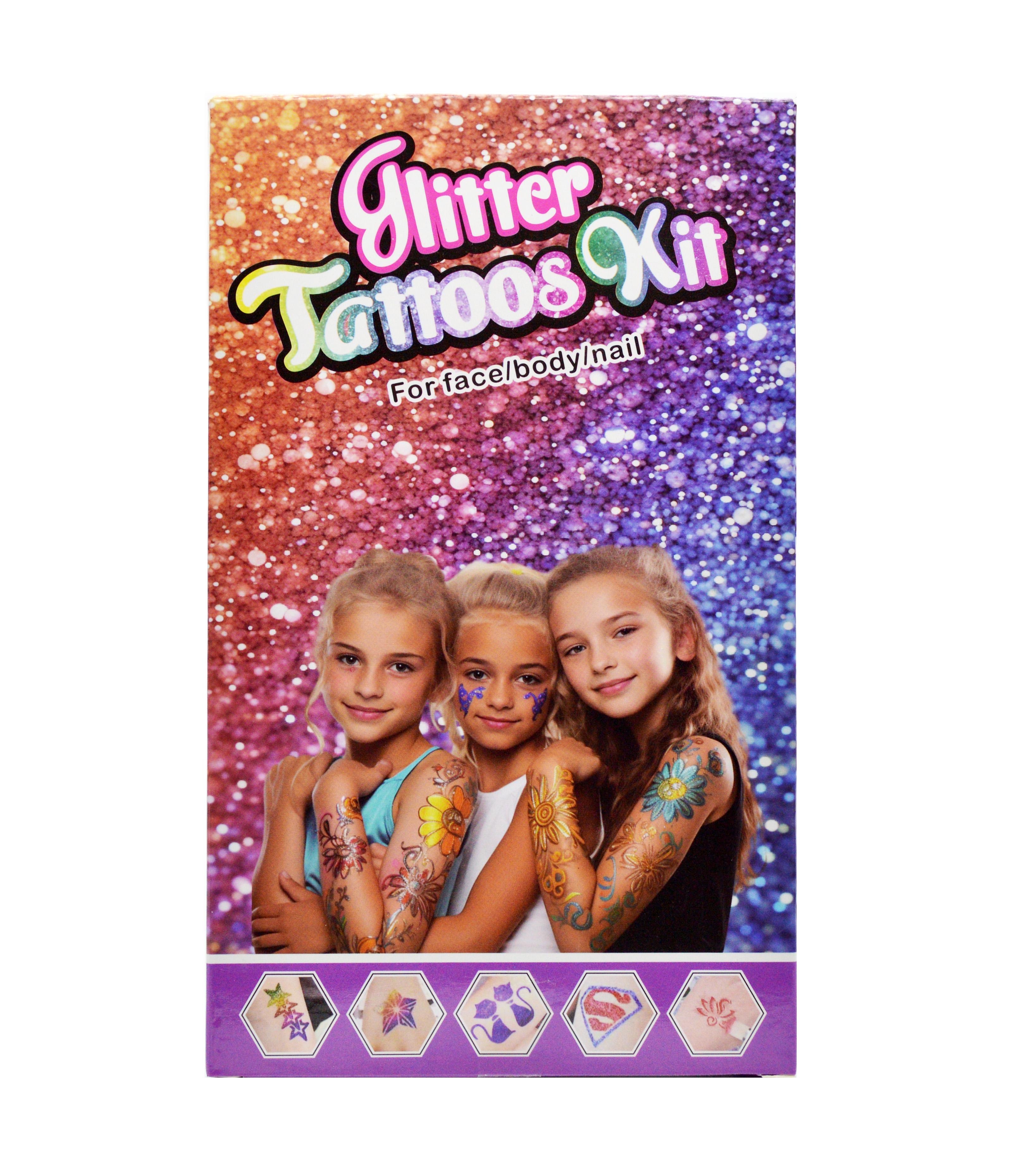 Детский набор для тату 764-21 24 цвета глиттера 2 бутылочки клея трафареты тени Детский набор для тату 764-21 24 цвета глиттера 2 бутылочки клея трафареты тени