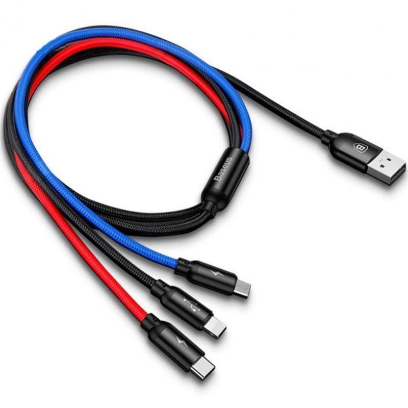 Кабель для зарядки 3в1 BASEUS 3.5A Three Primary Colors USB to MicroUSB/Lightning/Type-C 0,3 м Black (CAMLT-ASY01)