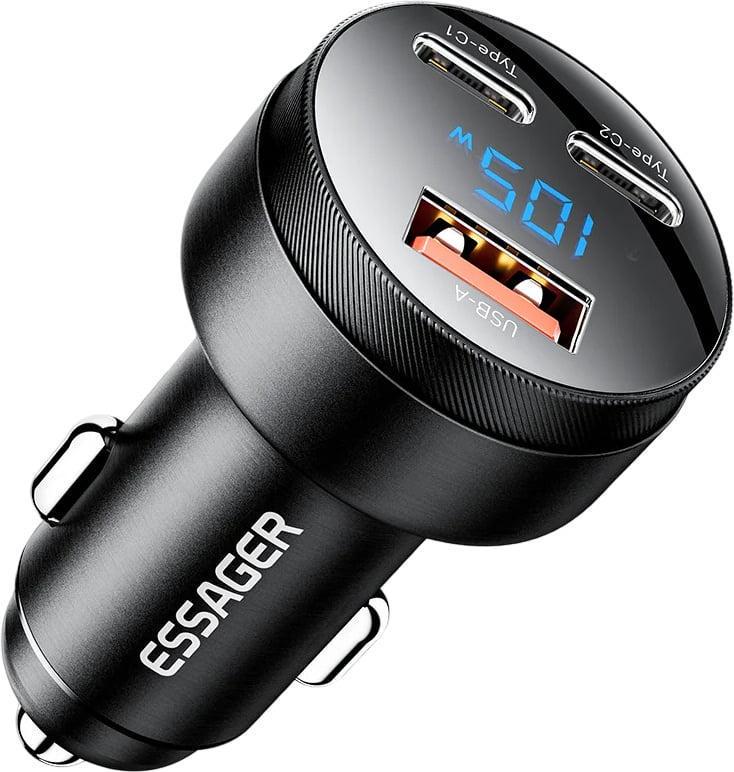 Зарядное устройство автомобильное ESSAGER FSJ-008 105Wmax PPS PD3.0 USB/2Type-C PowerDisplay Black (43708)