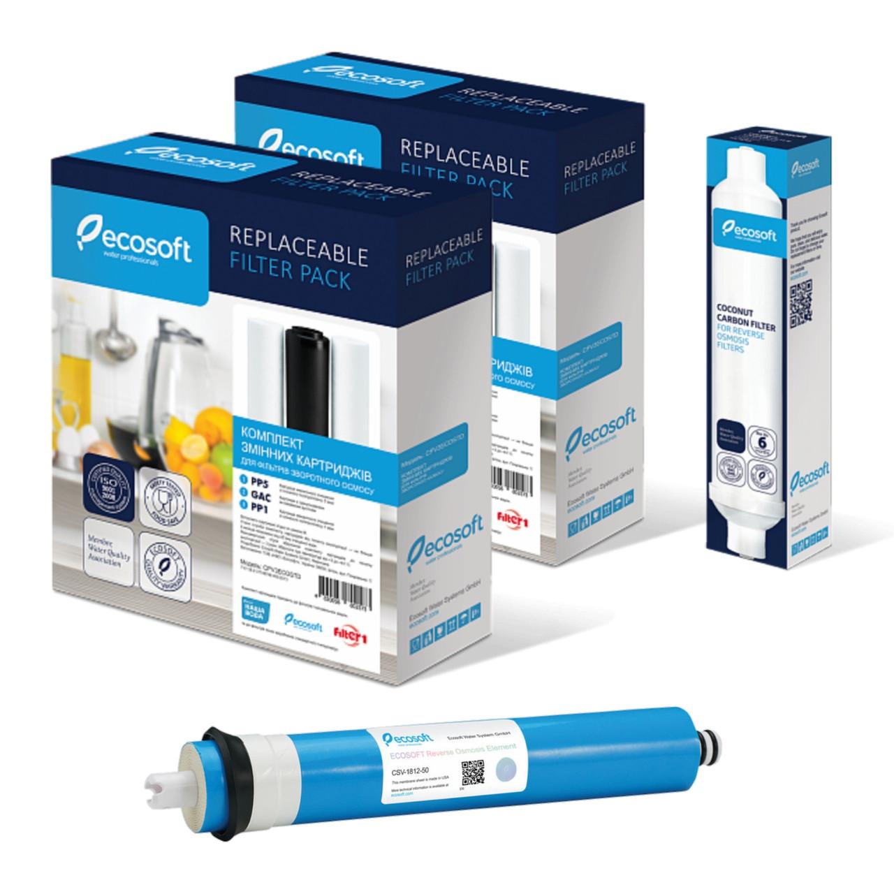 Річний комплект картриджів Ecosoft для фільтра зворотного осмосу з мембраною