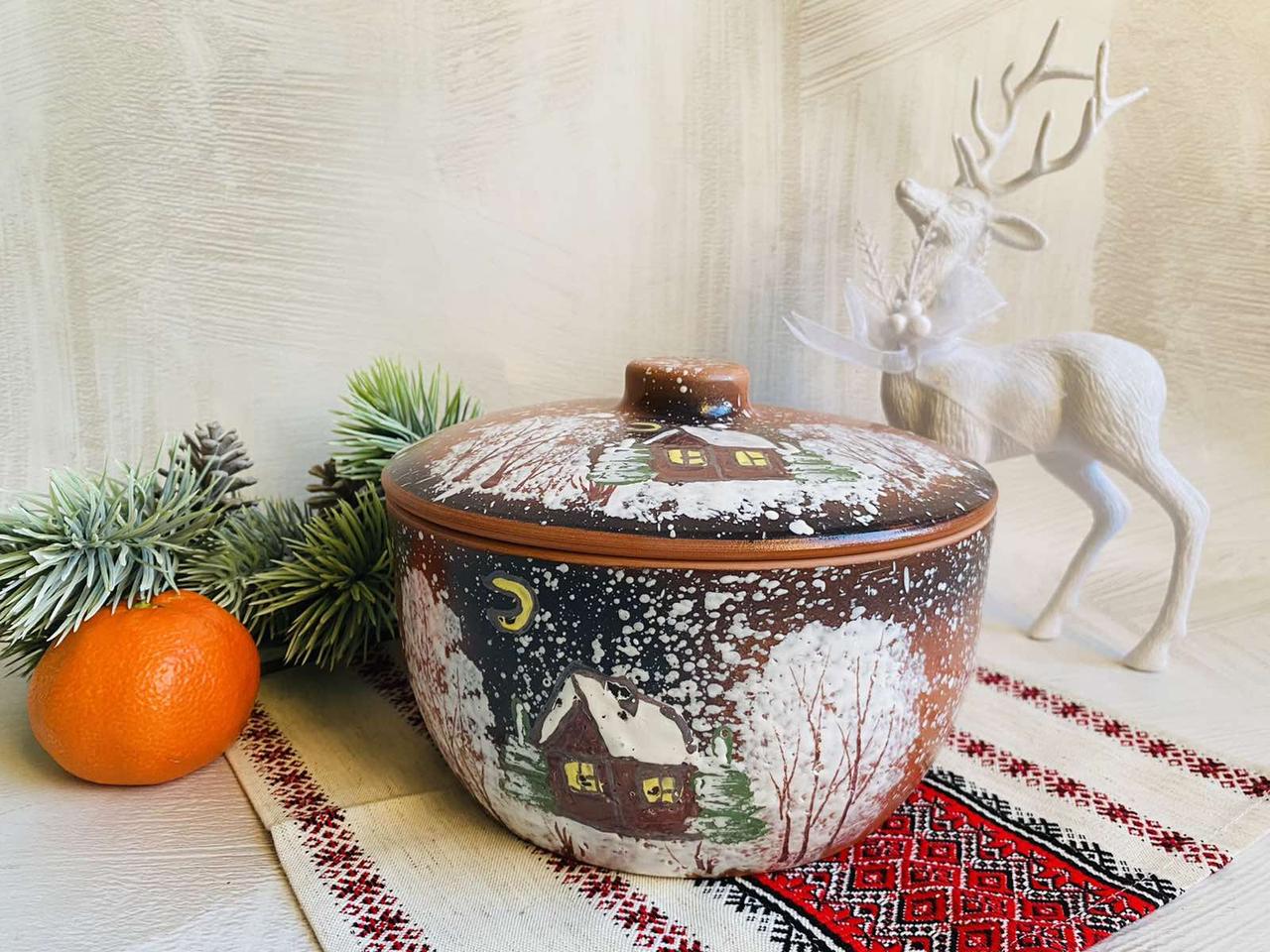 Набор глиняной Рождественской посуды Зима 4 персоны с рисунком ручной работы - фото 6