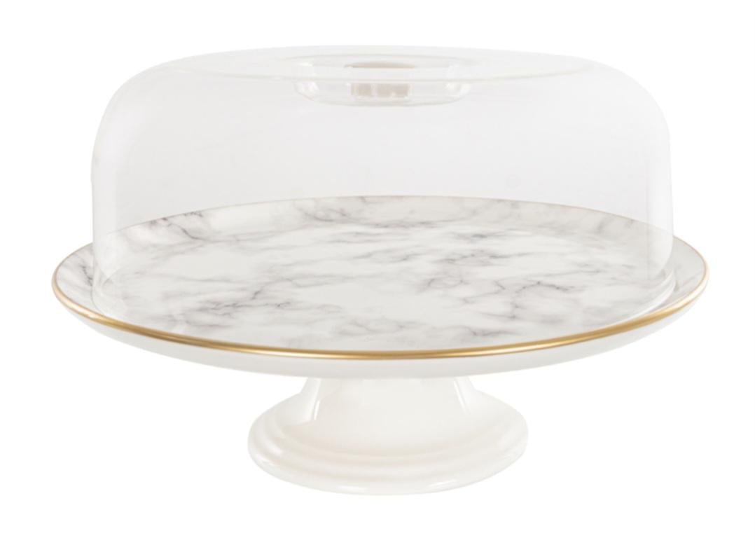 Тортовщица на ножке Alba ceramics Marble керамическая с крышкой 30 см Белый мрамор (769-024)