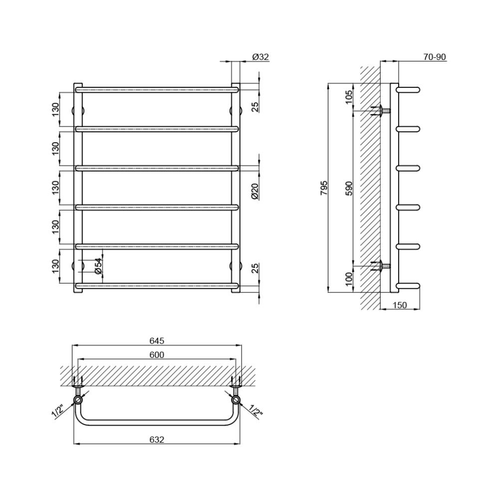 Водяна сушарка для рушників Lidz Standard D32/20х1/2" P6/драбинка із нержавіючої сталі 600x800 - фото 2