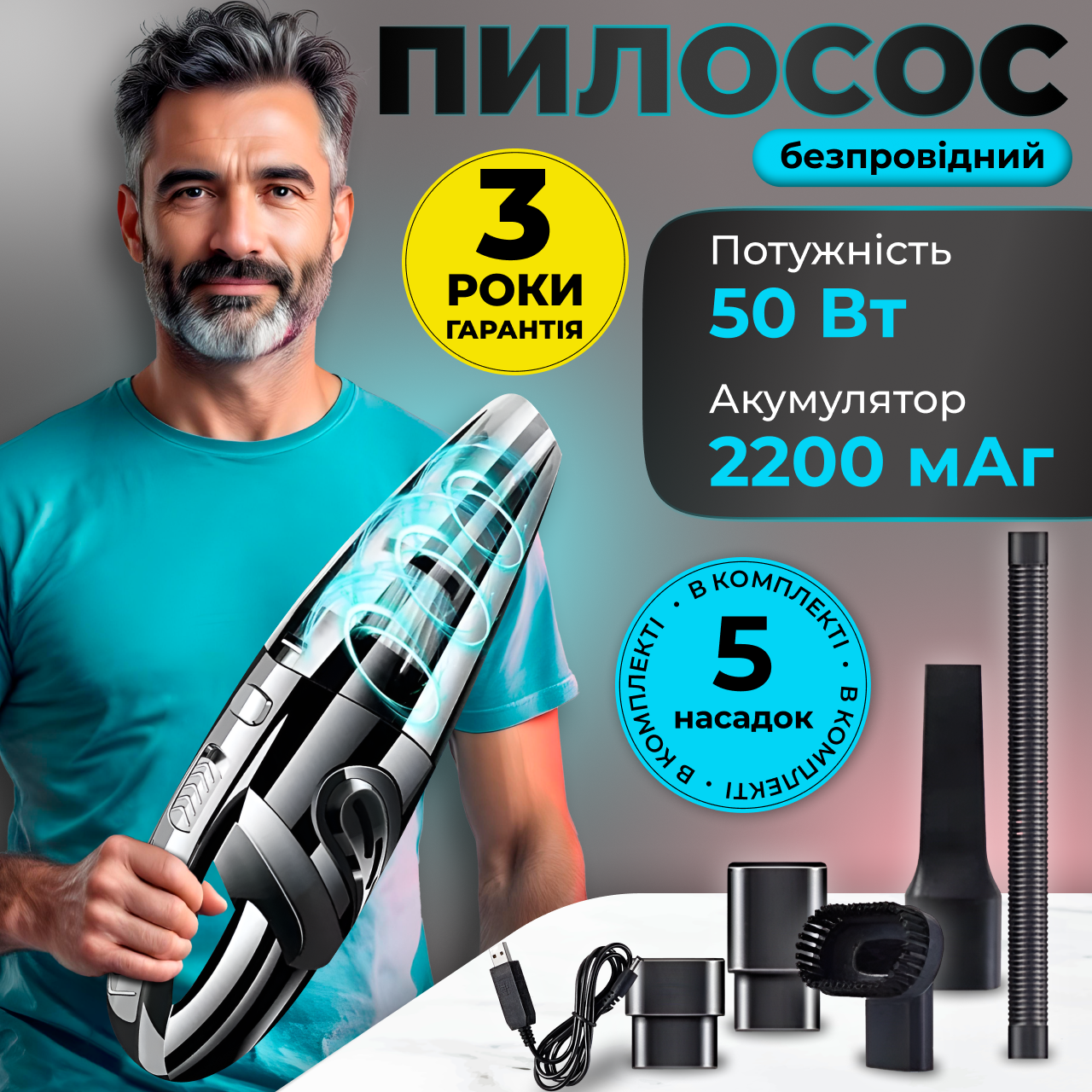 Автомобильный пылесос вакуумный ручной на аккумуляторе (234566934) - фото 2