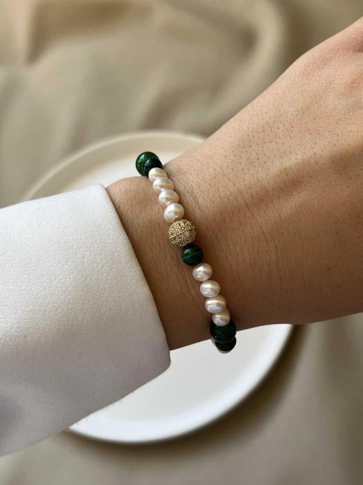 Браслет перлинний з нефритом та малахітом (5302) Браслет перлинний з нефритом та малахітом (5302)