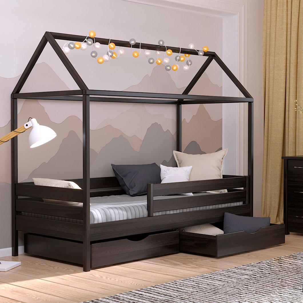 Кровать деревянная детская АММИ с ящиками и защитным бортиком 200х80 см Венге Кровать деревянная детская АММИ с ящиками и защитным бортиком 200х80 см Венге