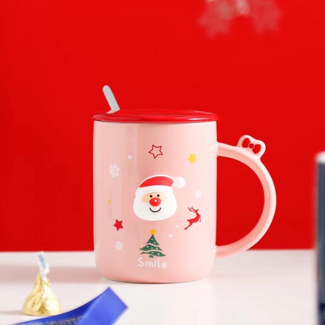 Чашка новогодняя с крышкой и ложкой Санта керамика 360 мл Розовый - фото 4