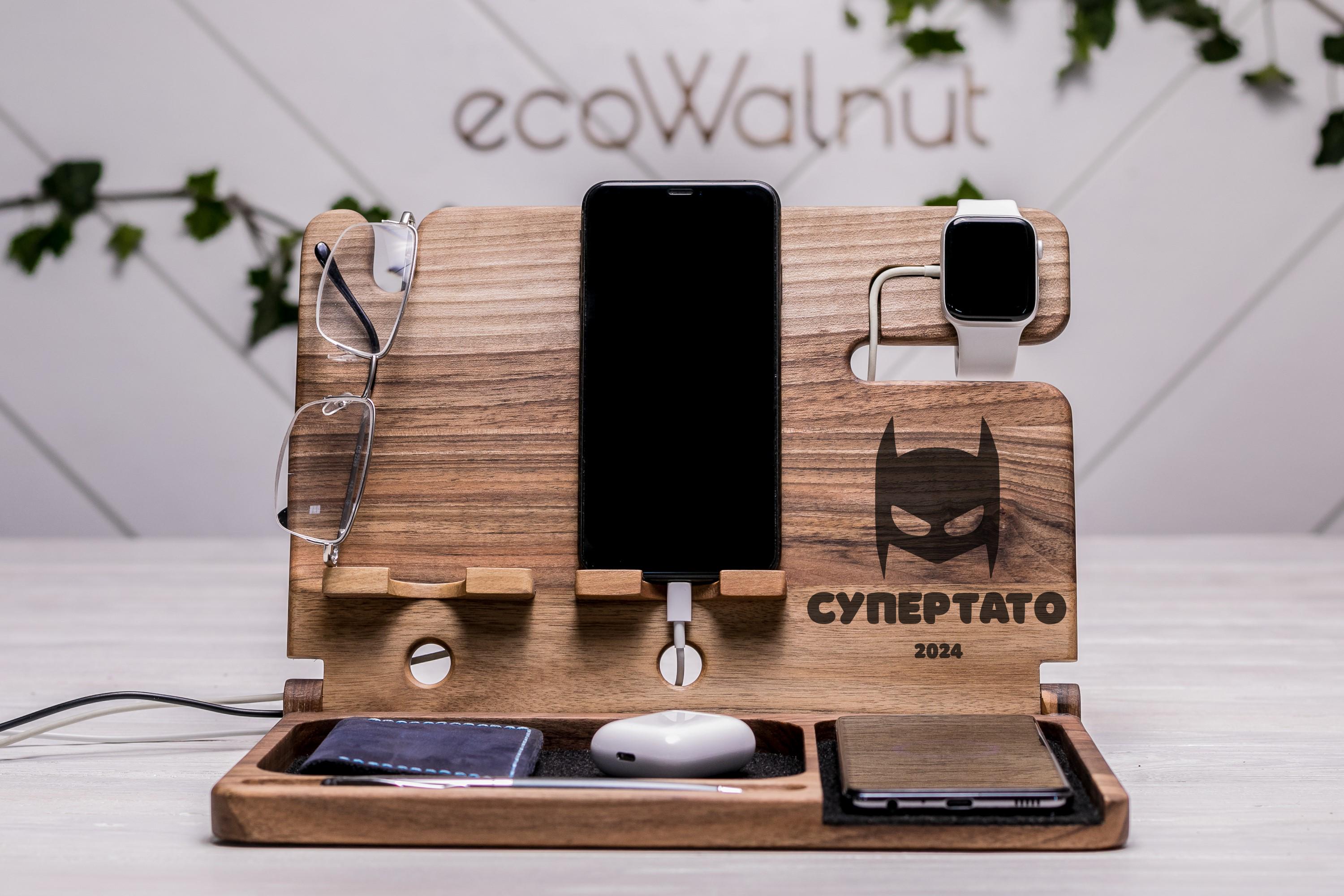 Органайзер дерев'яний з дерева EcoWalnut для двох iPhone/годинника (EW-45.5) - фото 1