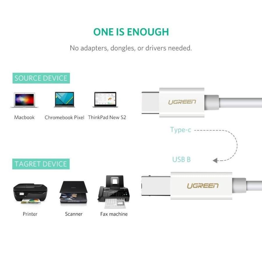 Кабель для принтера UGREEN Type-C-USB Type-B 2.0 480 Мбит/с USB-C на USB-B 1 м Белый (40560) - фото 6