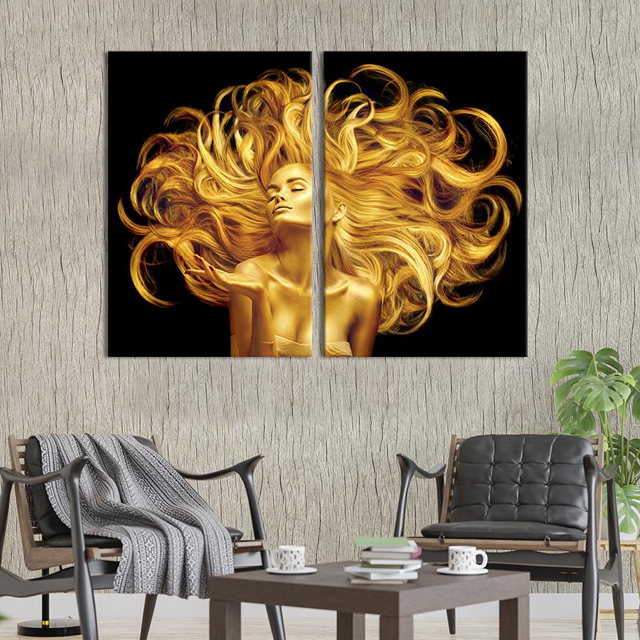 Настінний декор диптих картина на холсті для інтер’єру Золота дівчина з пишним волоссям 71x51 см (534-2).