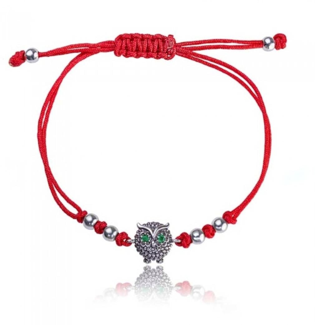 Браслет оберег Совенок с зелеными глазами серебро 925 пробы 1,75 г (75122з)
