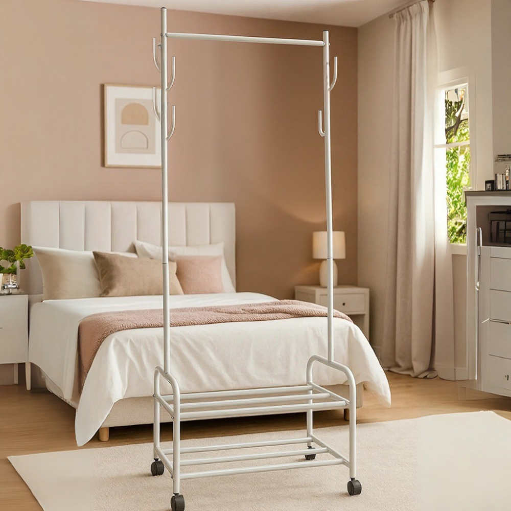 Вішалка для одягу та взуття на дві полиці з гачками для аксесуарів і поперечиною для тремпелів Білий (J069YBA)