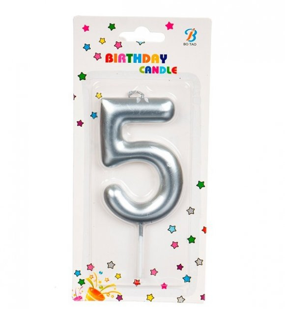 Свічка для торта цифра "5" Сріблястий матовий (13616)