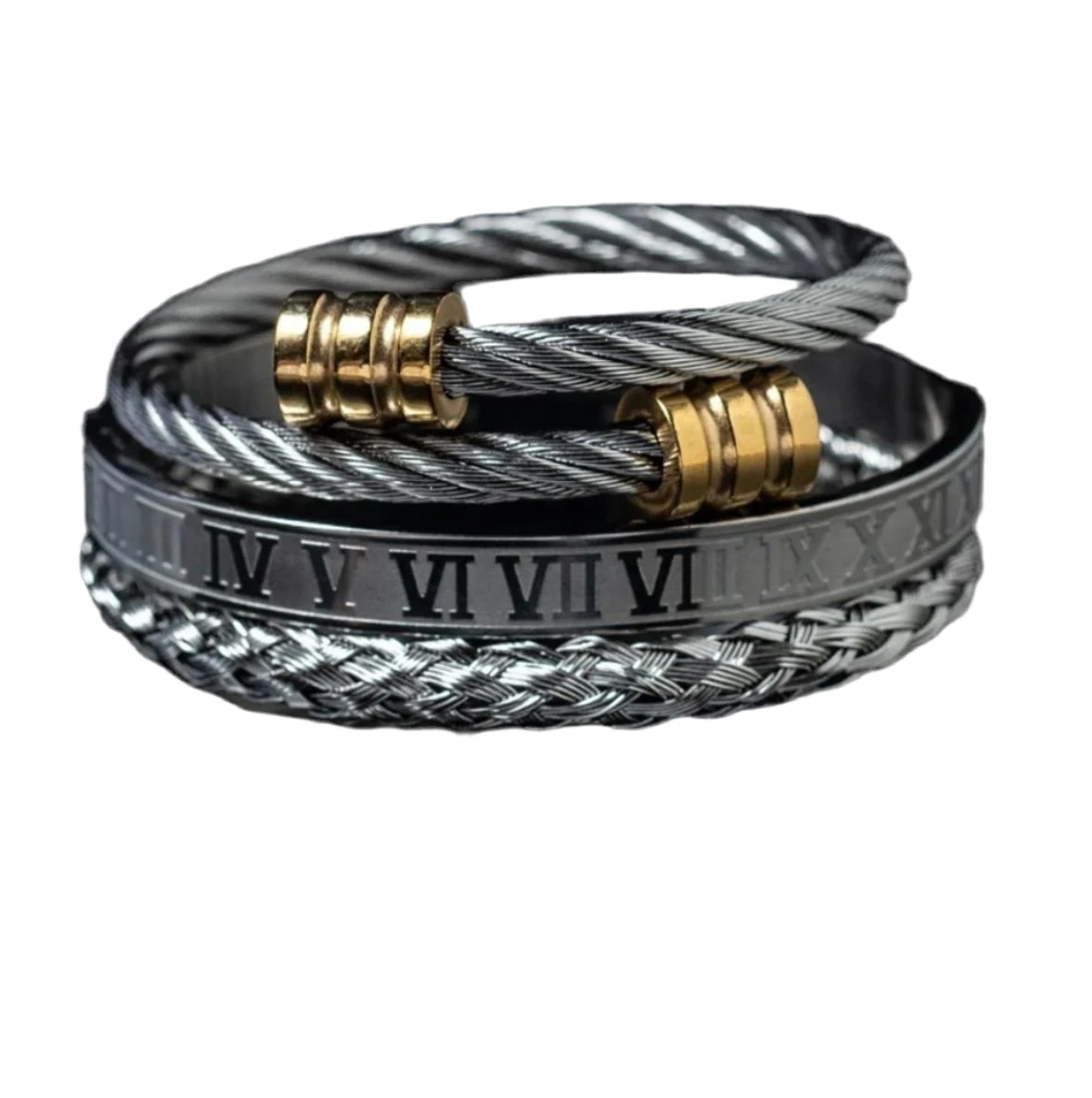 Набір браслетів чоловічих з регульованим розміром з нержавіючої сталі 3 шт. Срібний зі золотими вставками (2549773793)