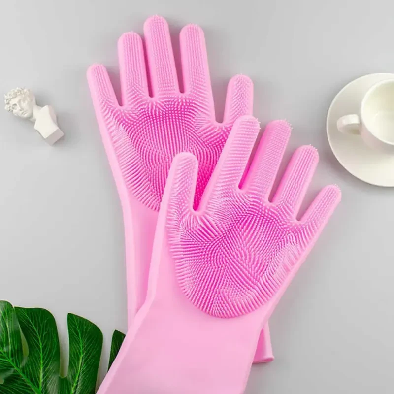 Рукавички зі щіткою Silicone Magic Gloves для прибирання та миття посуду силіконові Рожевий (AR004081) - фото 2