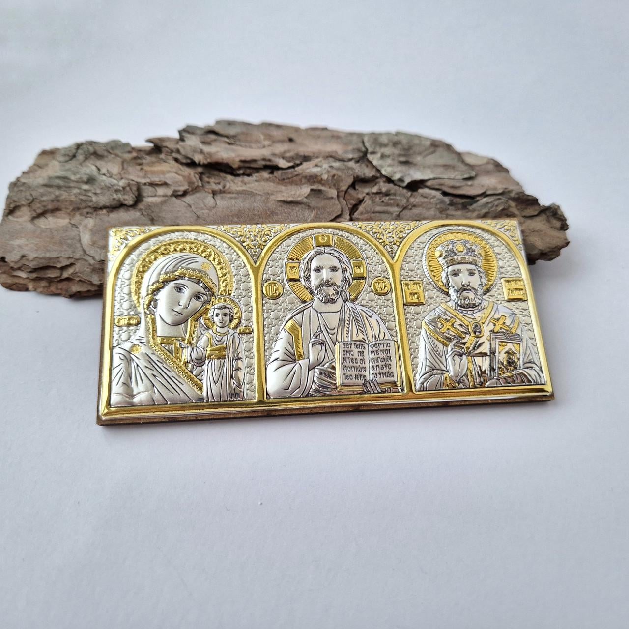 Икона автомобильная Казанская Богородица Иисус Св. Николай Серебро 925 пробы Позолота