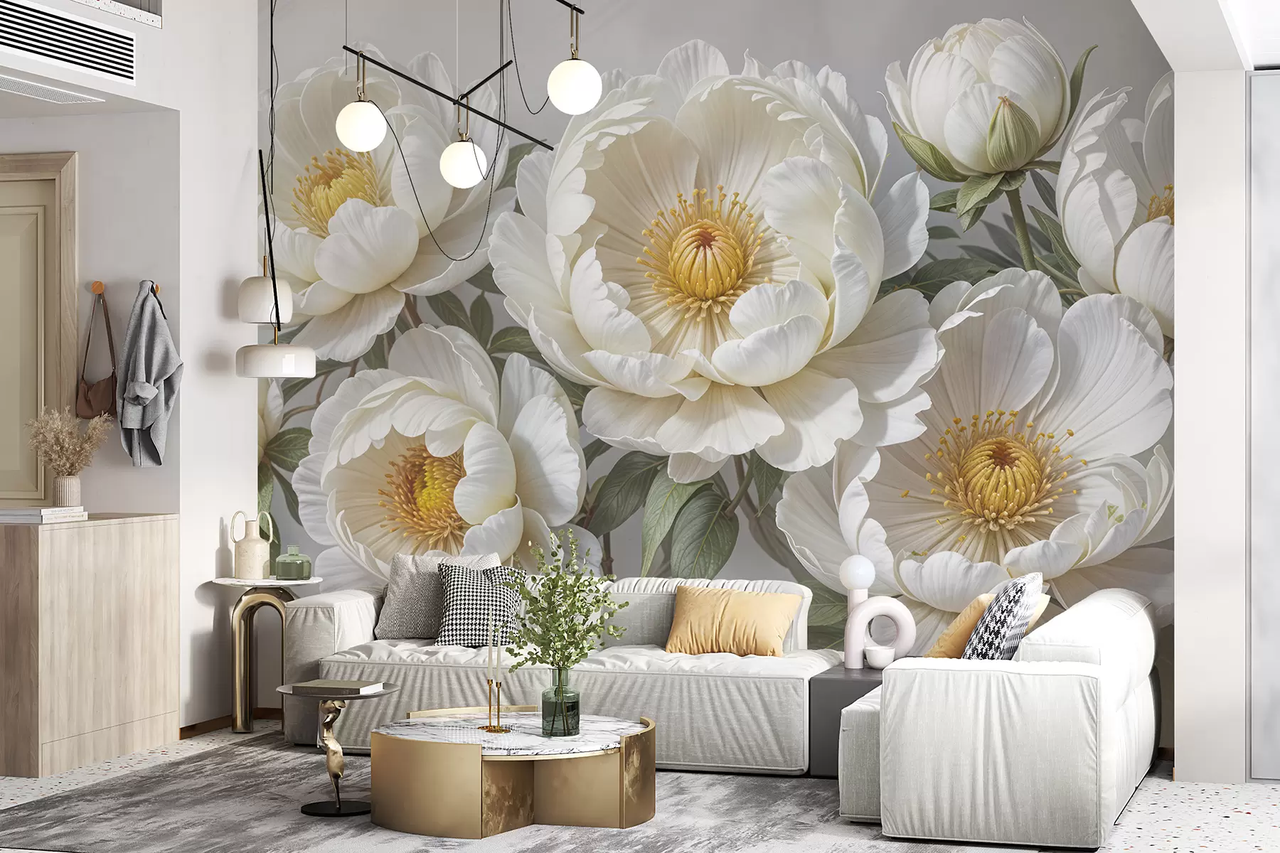 Фотообои флизелиновые Styleo Большие пионы 3D w08249 300х200 см Белый