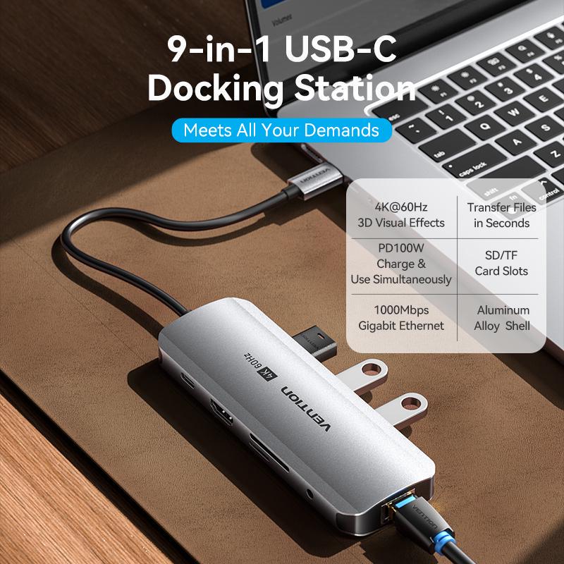 USB-хаб Vention Type-C-3x USB 3.0/5 Гбит/с HDMI 4K 60Hz/Type-C PD 100W/SD/TF карты RJ45 1 Гбит/с 3,5 мм minijack USB-C Серый (TQLHB) - фото 18